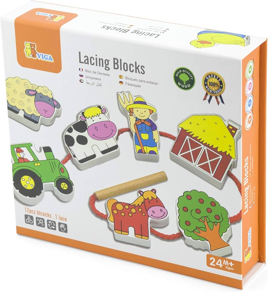 Viga - Wooden Lacing Blocks Farm - Timbertime Toys